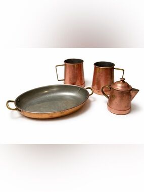 Vintage Copral Cooper Kitchen Set Portugal Brass Handle Pan Coffee Pot Mugs